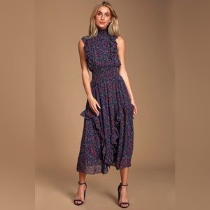 Lulus Navy Blue Floral Print Mock Neck Midi Dress